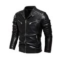 Men's black faux leather motorcycle jacket with stand collar and quilted shoulder details - XL / Tops / Black