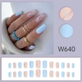 Matte light blue and pink wavy line press-on nails in medium square-oval shape - Sky Blue Color Block Wave Style (W640 With Glue)