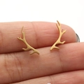Polished gold elk antler stud earrings for women in a minimalist forest style design - Gold Antlers (664)