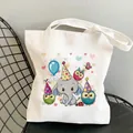 Unicorn cartoon canvas tote bag with elephant and owl print for women casual fashion - Elephant & Owl Celebration (B902-6)