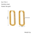 18K gold plated stainless steel rectangular hoop earrings with rhinestones - 20mm (Gold)