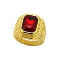 Detailed close-up of a gold vintage ring with a large rectangular red ruby gemstone - US 7 / Gold + Red Stone