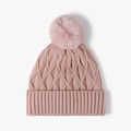 Cozy pink cable-knit beanie with a fluffy faux fur pom-pom for winter warmth - One Size(Adjustable) / Pink