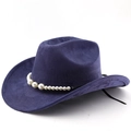 Detail view of the deep blue suede cowboy hat featuring elegant white pearl chain accents - M (56-58cm) / Navy Blue