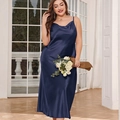 Elegant plus size navy blue satin long nightgown with cowl neck and thin straps - Navy Blue
