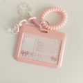 Pink heart ID card holder with spiral wristband and acrylic chain accessory - Pink Horizontal + Star Keychain