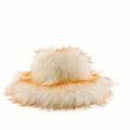 Plush faux fur bucket hat in cream white with orange tips for punk style warmth - White with Orange Tips