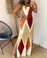 Detail of a color-block sleeveless dress featuring geometric patterns and side slit design - S / Wine Red Patchwork Khaki