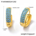 Detail view of gold stainless steel hoop earrings with turquoise beads and size specs - Gold Turquoise Earrings-Large