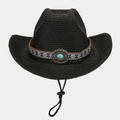 Detalle de sombrero vaquero de paja negra con banda étnica, piedra turquesa y cordón - Talla única / Negro