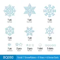 Detailed size chart for Christmas snowflake window stickers with various dimensions - BQ080 Silver Glitter Snowflake / Silver Glitter Snowflake