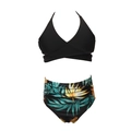 Women's two-piece swimsuit with black halter top and tropical floral high-waist bikini bottoms - 152 / Yellow Top with Leaf Print Bottom (Plus Length)