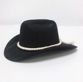 Detailansicht des schwarzen Mini-Haustierhutes im Cowboy-Stil mit weißer Kordelverzierung - Klein 13.5cm / Schwarzes Baumwollseil