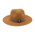 Chapeau de paille marron à larges bords avec ruban ethnique et pierre turquoise - Chapeau de Paille Kaki (Pierre Bleue Ovale)