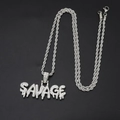 Macro shot of silver hip hop SAVAGE pendant with shimmering crystals and rope chain - Silver Pendant With 60cm Rope Chain