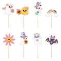 8er-Set böhmische Halloween-Kuchendeko mit Hippie-Geistern und Kürbissen auf weißem Grund - Geister Kürbisse Regenbögen Blumen Fledermäuse Und Andere Stile (L-00168)