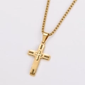 Close-up of golden stainless steel cross pendant with Greek key pattern and box chain - Small / With Chain / Gold