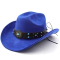 Chapeau de cowboy bohème bleu roi avec perles turquoise et badge en bronze vintage - M (56-58cm) / Bleu saphir
