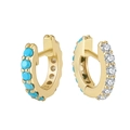 Golden S925 silver hoop earrings featuring turquoise blue beads and sparkling zircon stones - Gold Turquoise Huggie (APE105-G-LV)