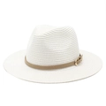 Elegant white straw fedora hat with a brown leather belt and golden buckle detail - M(56-58cm) / White