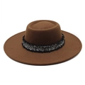 Close-up of brown wool fedora hat featuring a stylish black and white tweed band with fringe - M(56-58cm) / Brown