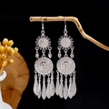 Ethnic style long silver tassel earrings with sunflower pattern and vintage bells - Sunflower Bell Tear-drop Tassel Style (E2871-3)