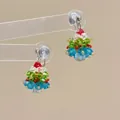 Detail of handcrafted beaded Christmas tree earrings with colorful crystal beads and spiral clip - Christmas Tree Earrings-Mosquito Coil Clip / Clip-On Earrings