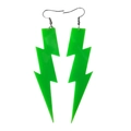 Neon green lightning bolt acrylic earrings with silver hooks on white background - Green Lightning