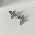 Silver liquid metal bow hair clip featuring a pink heart rhinestone on a white base - Silver Pink Rhinestone Butterfly