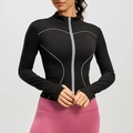 Women's black slim-fit yoga jacket with gray reflective lines and thumbhole cuffs - S / Starry Black