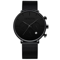 Detail view of the black Geneva mesh watch dial with date display and mini sub-dials - Black Mesh Strap / Black Hands