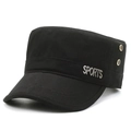 Classic black military flat top cap with sports metal badge and breathable eyelets - Metal Label Black