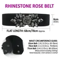 Women's black elastic waist belt with grey crystal rose and snap closure details - Crystal Rose Style (Black)