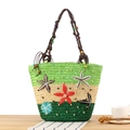 Striped bohemian straw tote bag with colorful starfish embroidery and beaded handles - Green System