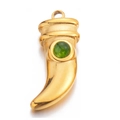 Gold stainless steel horn pendant with a circular green natural stone inlay - Light Green