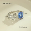 Detail view of silver steel ring with blue square zircon and exact product dimensions - Blue Square Zircon (NMSR-B715-4)