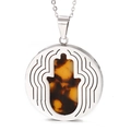 Silver Hamsa pendant necklace with tortoise shell resin and hollow ripple design - Silver Amber Texture Hamsa (KP48028-K)