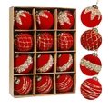 Set of 12 red velvet Christmas balls with gold glitter patterns and hanging loops - 8cm / Set of 12 / Burgundy
