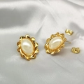 Vintage 18K gold plated stainless steel stud earrings with oval pearl and twisted edge - Gold Wave Edge Oval Style (TE-15032)