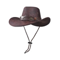 Brown leather Western cowboy hat with bull head metal emblem and adjustable wind string - Adult 56-60cm / Coffee