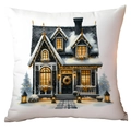 Macro detail of Christmas pillow cover showing snowy building print on premium fabric - European Architecture in Snow