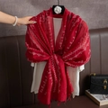 Red cotton linen scarf with white geometric patterns and small tassels for women - Red