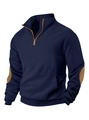 Heren navy gewatteerde trui met kwart rits en bruine imitatie suède elleboogstukken - S / Marineblauw
