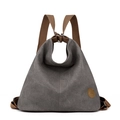 Zaino e borsa a mano versatile in tela grigia con spalline in pelle marrone su bianco - Grigio