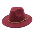 Detail of dark wine red wool fedora hat with brown braided band and tassel accent - M (56-58cm) / Burgundy