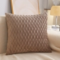 Brown crushed velvet square throw pillow cover with soft wavy texture on sofa - Khaki