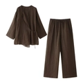 Ensemble en lin café foncé avec haut croisé et pantalon à cordon de serrage à plat - Ensemble Café