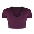 Deep purple seamless ribbed knit crop top with U-neckline and short sleeves for fitness - S / Tops / Fuschia