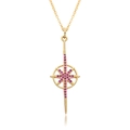 Detail of gold starburst necklace pendant with pink crystals and smooth reflection - Star Drop Style (c487)