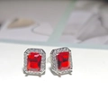 Rectangle red zircon stud earrings with silver setting and halo crystal accents - Rectangular Halo / Silver/Red Zirconia